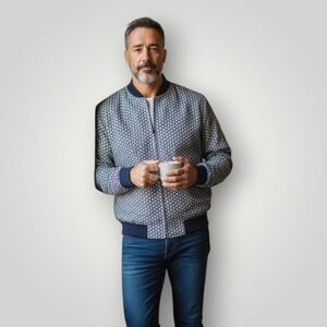 Vintage‎ FILA Reversible Bomber Jacket Mens L Navy Geometric Print 80s 90s